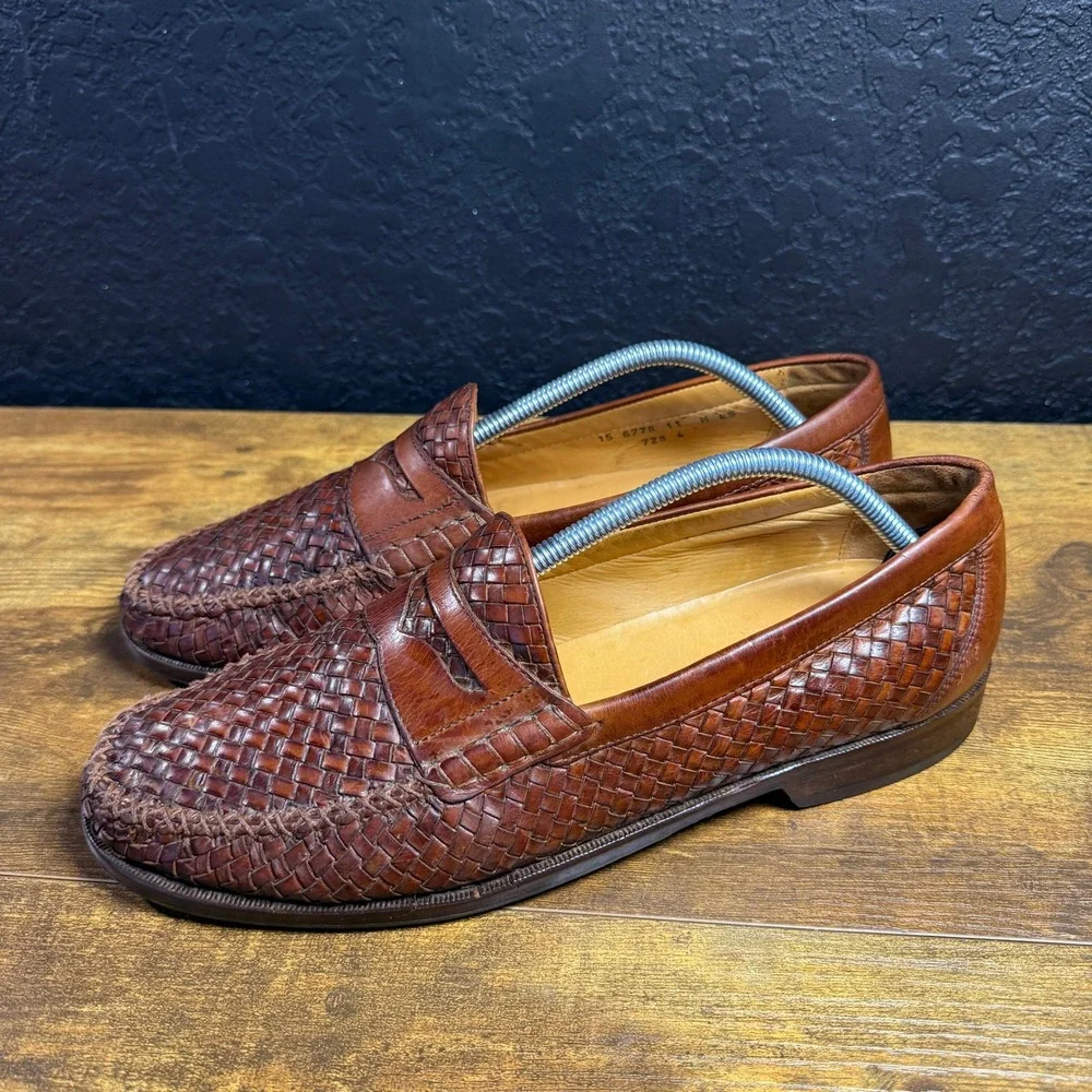 Johnston & Murphy Woven Penny Loafer 15-6778 Brown Leather Dress Shoes Mens 11 M